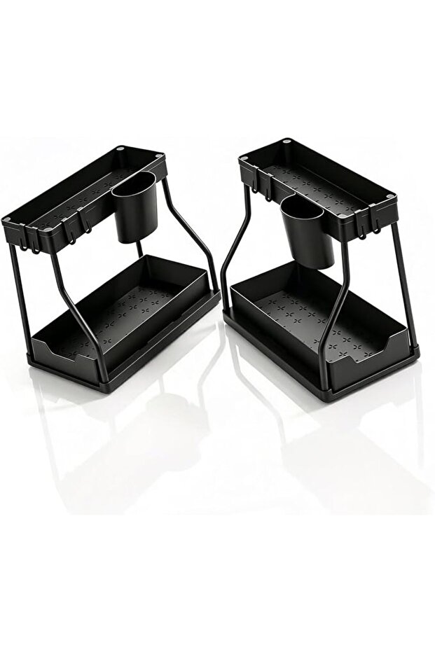 2 Pack Black Expandable 2 Tier Sliding Under Sink Storage Organizer | Drawers Space Saving Shelving