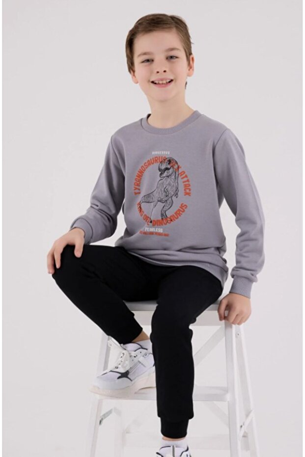 Boys' Dinosaur Printed Green Crew Neck Sweatshirt and Sweatpants Set 8-14 Years Gray