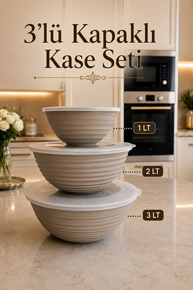 3-Piece Bowl Set with Lid 1 Lt 2 Lt 3 Lt Multi-Purpose Storage and Serving Bowl