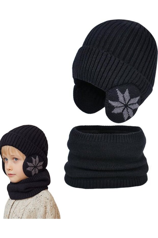 Hat and Scarf Set - Winter Children's Hats 2-in-1 Ages 4-10 Knitted Boys & Girls Outdoor Clothing Scarves One Size Black