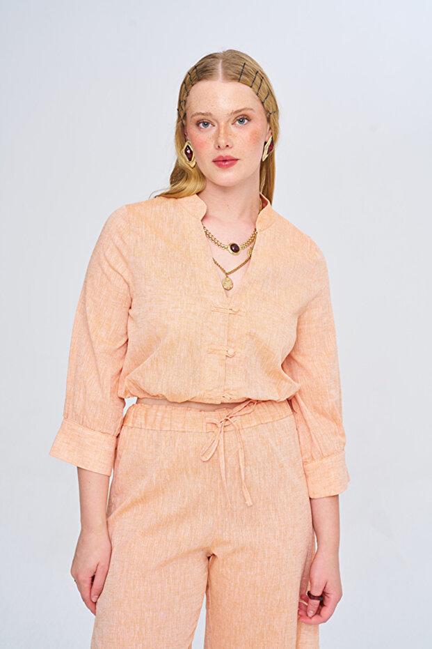 Women's Chinese Collar Solid Color Crop Shirt