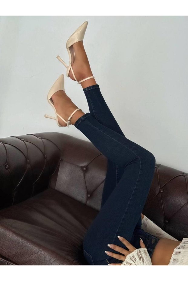 Women's Dark Blue Skinny Cut Narrow Leg Navy Blue Denim Jean Trousers High Waist