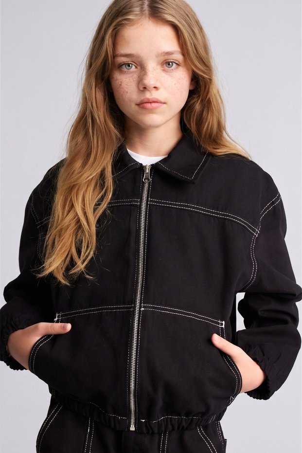 100% Cotton Shirt Collar Zippered and Contrast Stitched Gabardine Shirt Jacket for Girls I3481A826Wn