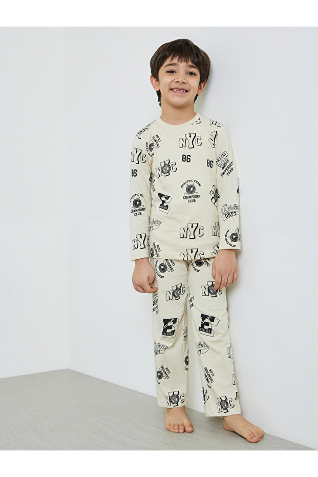 Boys Cream Printed Long Sleeve T-Shirt and Pyjama Set