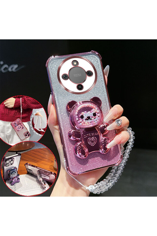 Honor Magic8 Lite Case & Strap Pink 4 Corner Shockproof Phone Case with Cute 3D Bear Stand Crystal C