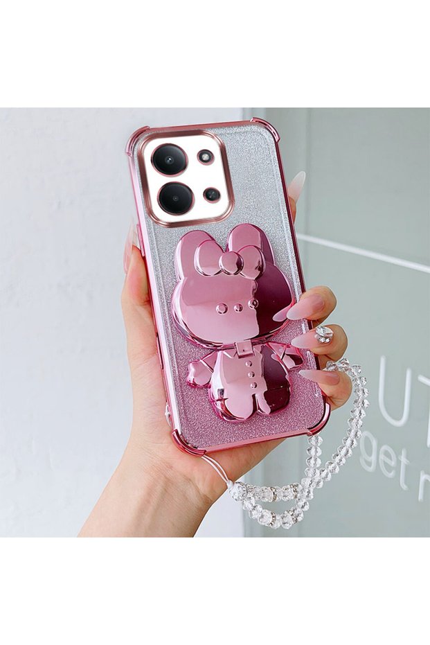 Redmi 15C 173mm Case & Strap Pink Shockproof Phone Case with Rabbit Makeup Swivel Stand Crystal Lany