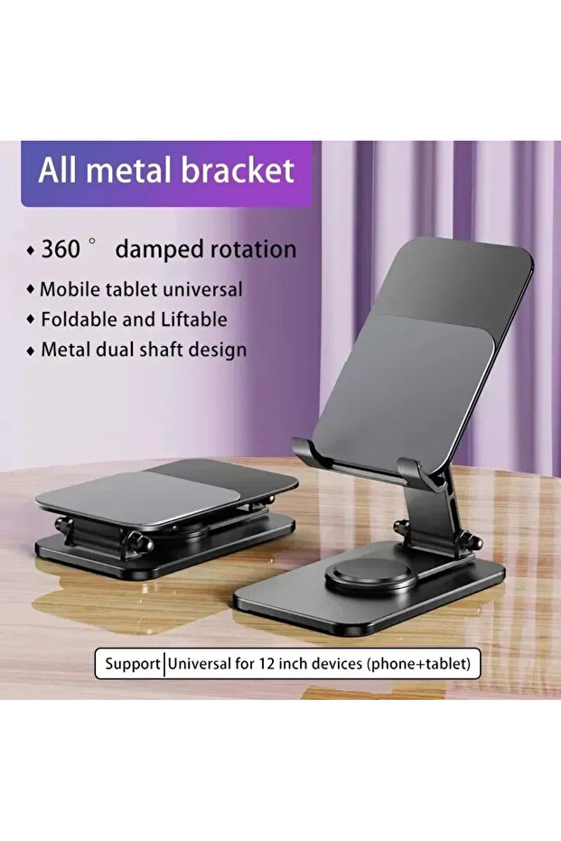 Black 360° Rotation Metal Mobile Phone Holder Portable Foldable Desktop Tablet Stand For All Smartph