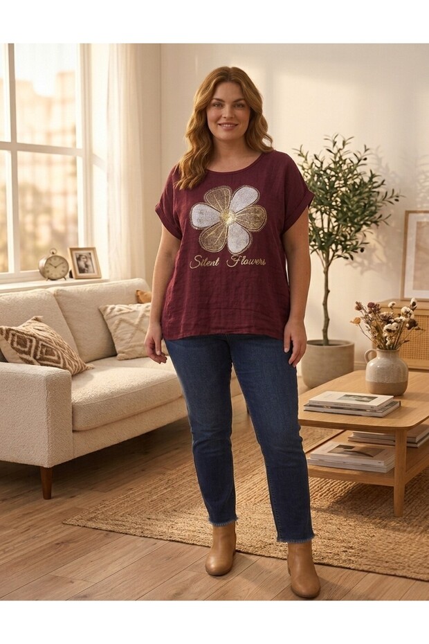 Bright and Stoned Floral Printed Linen Blouse (Suitable for Sizes 42-46.)