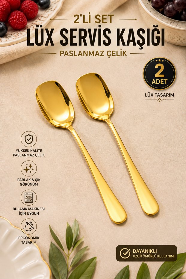 Set of 2 Gold Serving Spoons 21 cm Stainless Steel Luxury Presentation Spoon Salad Food Pastry Pie Serving Spoon