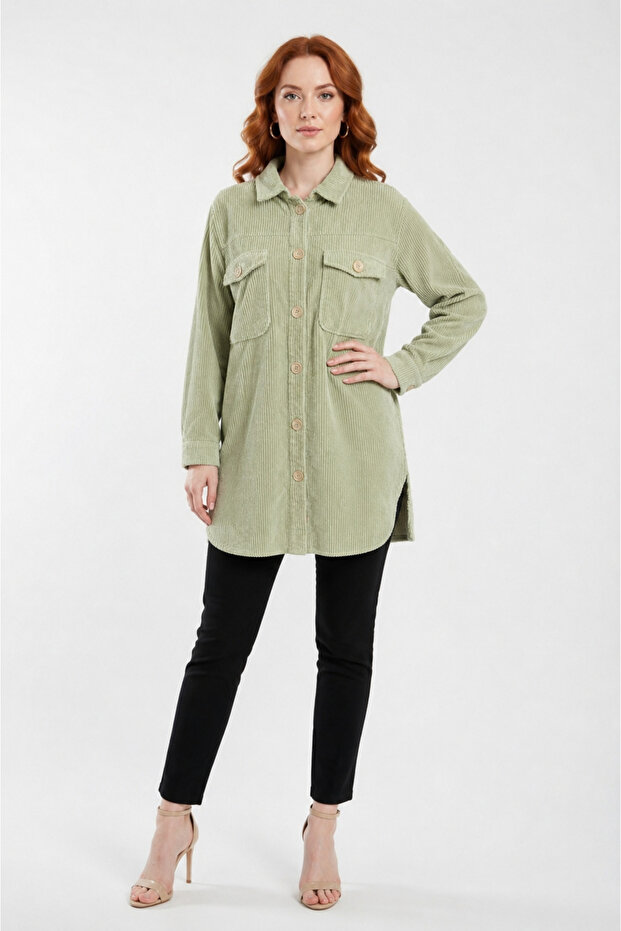 Women's Long Cut Green Velvet Shirt Jacket