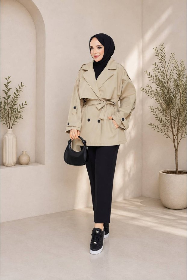 Button Detailed Belted Oversized Short Bondite Trench Coat