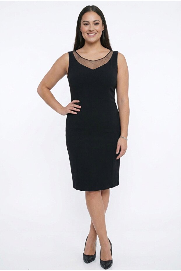Women's Tulle Detailed Lined Plus Size Crepe Dress