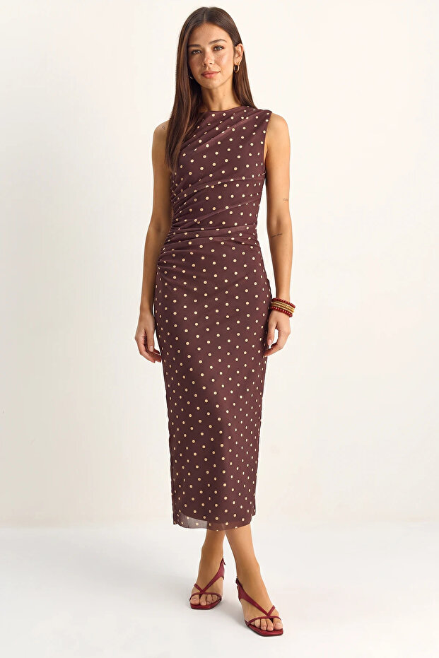Women's Draped Polka Dot Lined Midi Bitter Brown Dress