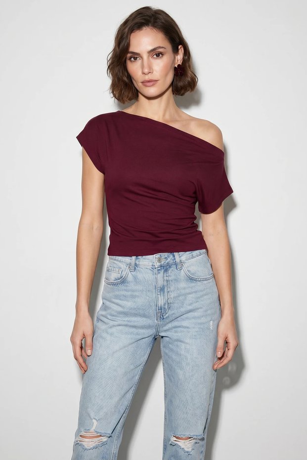 Women's Asymmetrical Waist-Fitted Viscose Bat Sleeve Plum Blouse