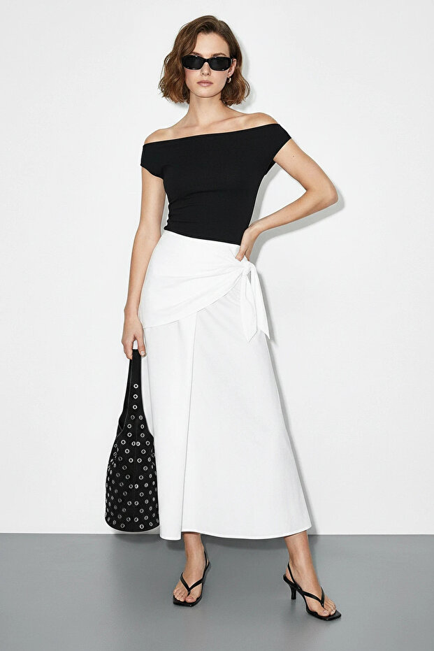 Women's Belted Long Flared White Skirt