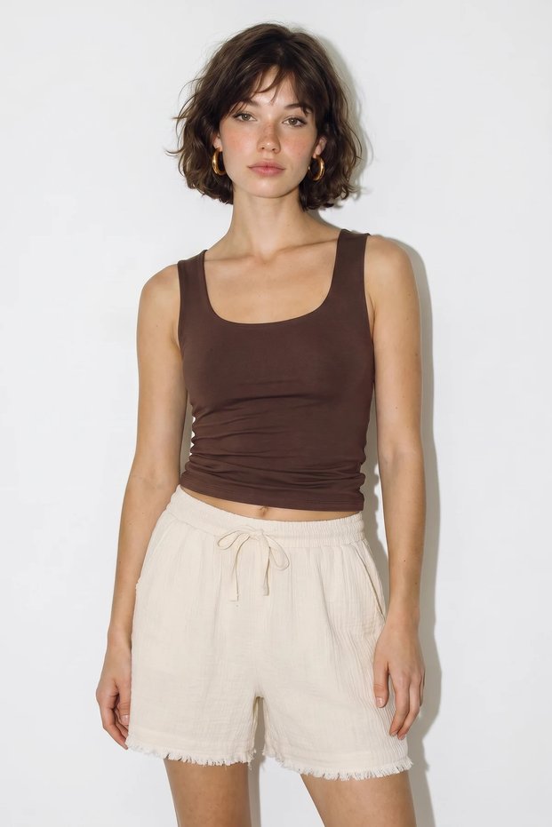 Women's Elastic Waist Pocket Detailed Cotton Muslin Bermuda Cream Shorts
