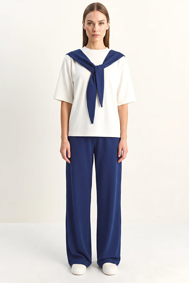 Women's Shawl Detailed Basic Elastic Waist Loose Trousers Bottom Top Modal Navy Blue White Set