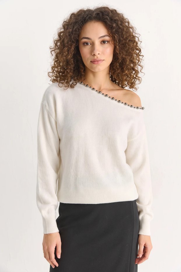 Women's Stone Embellished Detailed One-Shoulder Knitwear White Sweater