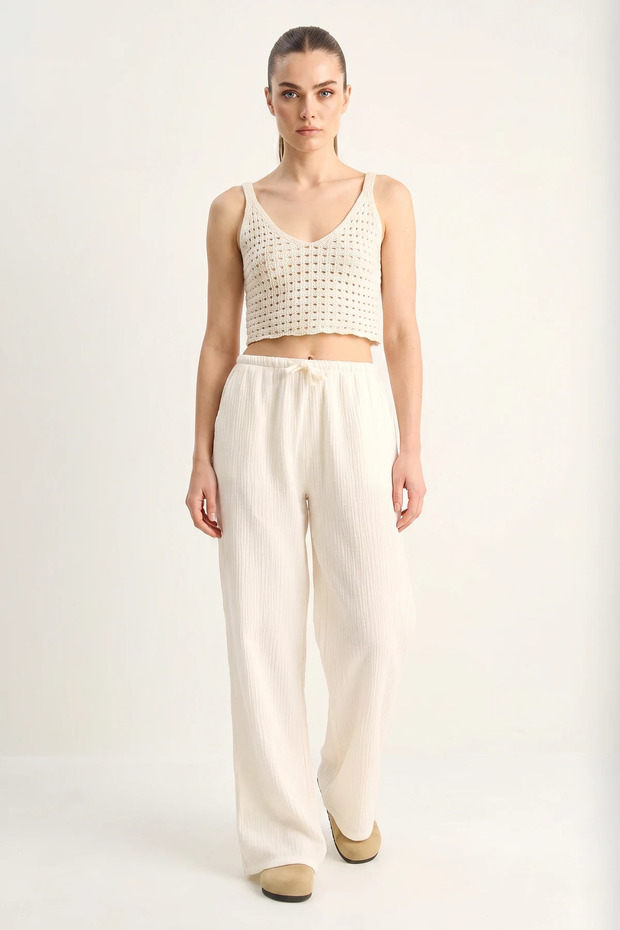 Women's Lace-Up Elastic Waist Muslin Wide-Leg Cream Trousers
