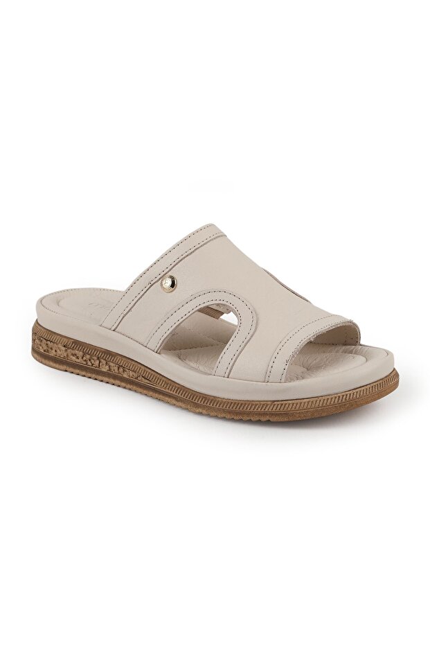 Women's genuine leather everyday slippers with side window detail, anatomical flat sole - 26y-1910