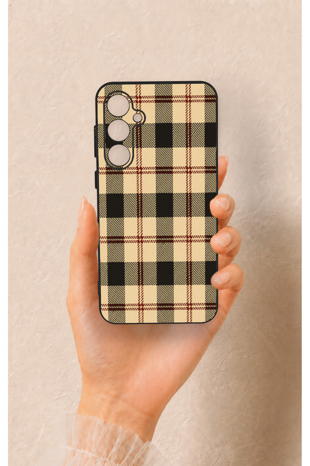 Samsung S23Fe Compatible Cream Plaid Patterned Silicone Case