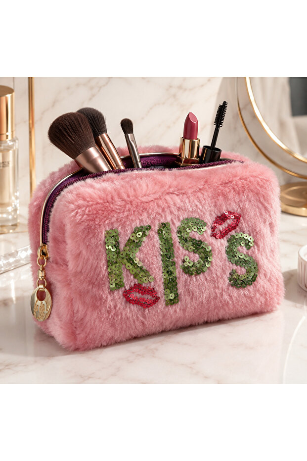 Plush Pen Holder and Makeup Bag Zippered Multi-Purpose Organizer Bag Rose