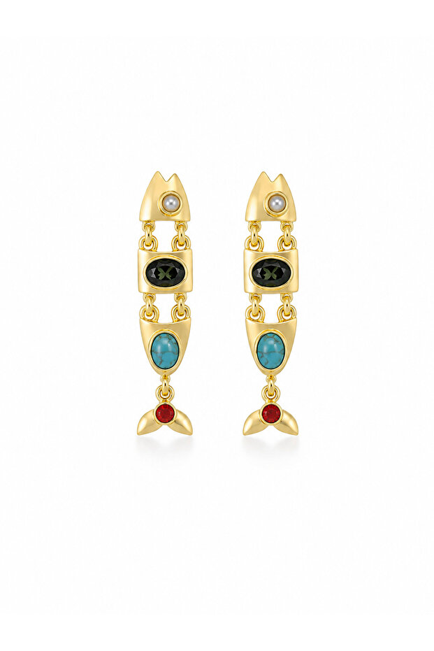 Steel Color Stone Detailed Fish Earrings