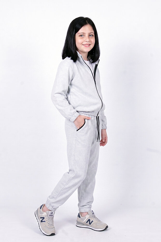 Girl's High Collar Zippered Waist Tie Elastic Leg Sweatpants Set