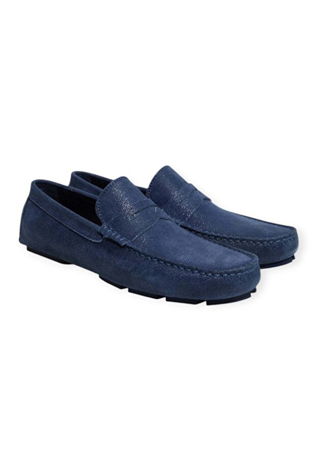 Dark Blue Color Laceless Genuine Leather Men's Shoes