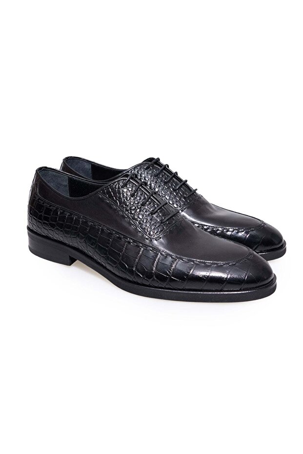 Black Color Lace-Up Genuine Leather Men's Shoes