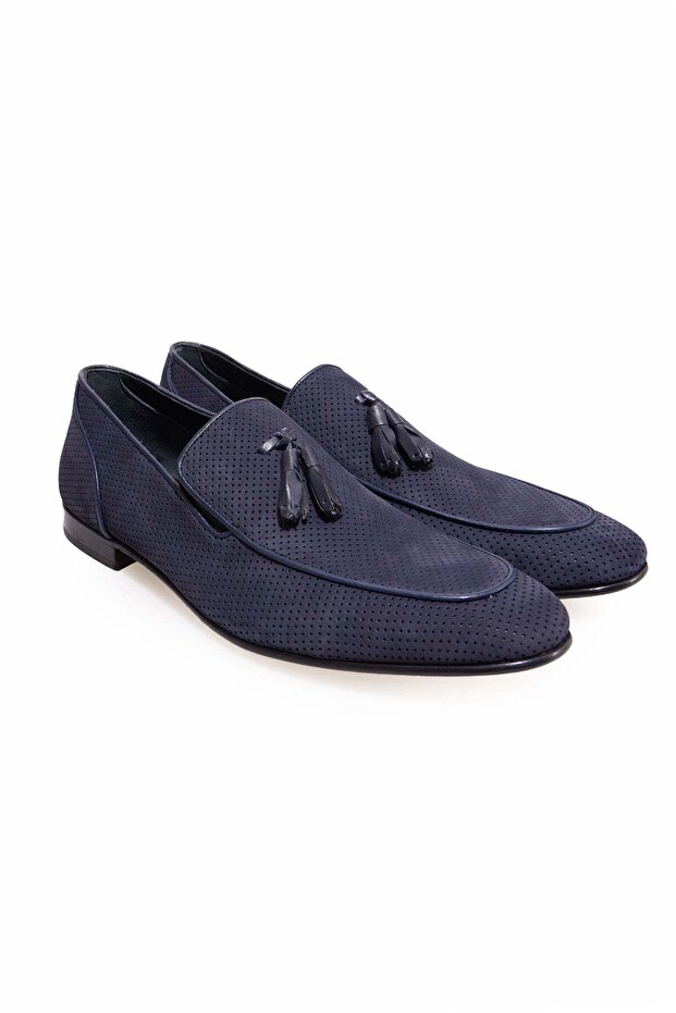 Dark Blue Color Laceless Genuine Leather Men's Shoes