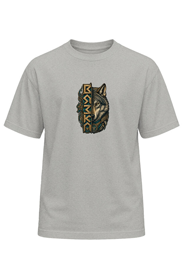 Unisex Black Wolf Göktürk Motif Printed T-Shirt – Special Design T-Shirt with Wolf Pattern and Ancient Turkish Symbol
