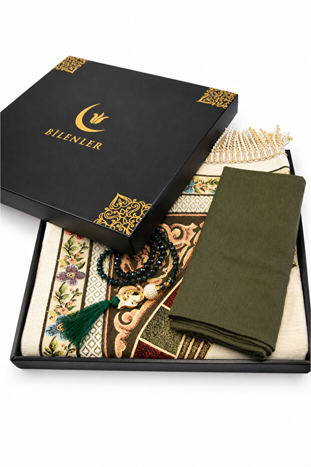 Lined Prayer Rug Set with Tulip Pattern – Crystal Prayer Beads and Special Gift Box with Bamboo Cover