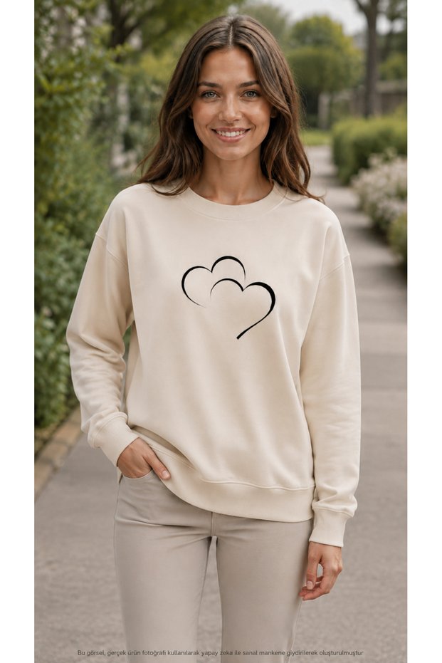 Women's Double Heart Printed Round Neck Long Sleeve Sweatshirt