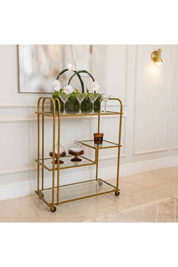 Gold Iron Glass Top Catering Trolley