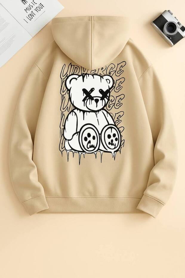 Unisex Oversize 3 Thread Yarn Kangaroo Pocket "Teddy Bear" Printed Hooded Sweatshirt