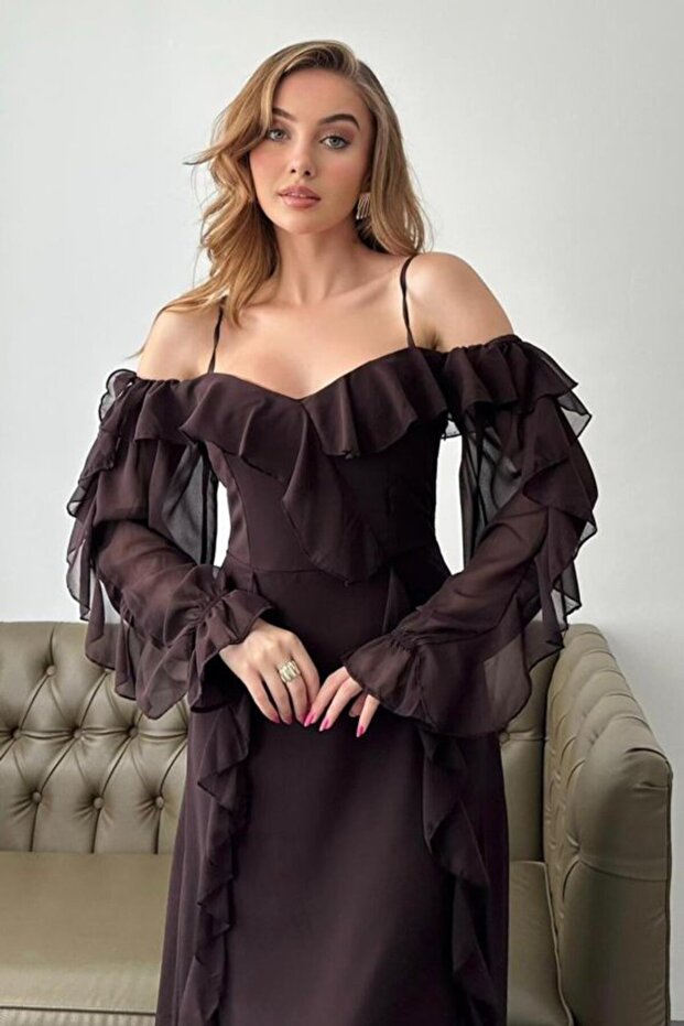 Brown Shoulder Detailed Lined Ruffled Chiffon Dress