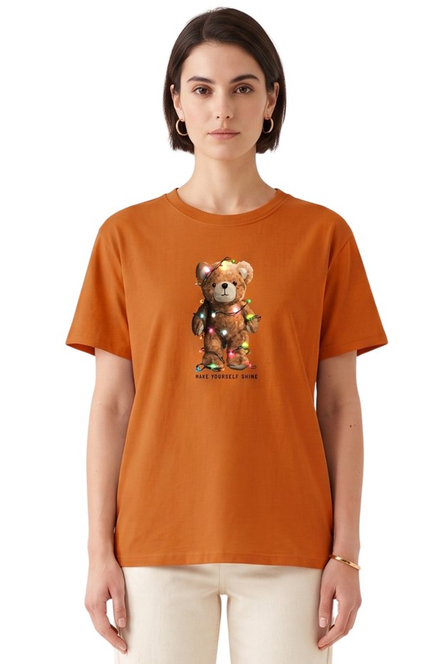 Women's Orange Light-Up Teddy Bear Printed T-Shirt 100% Cotton Comfortable Fit