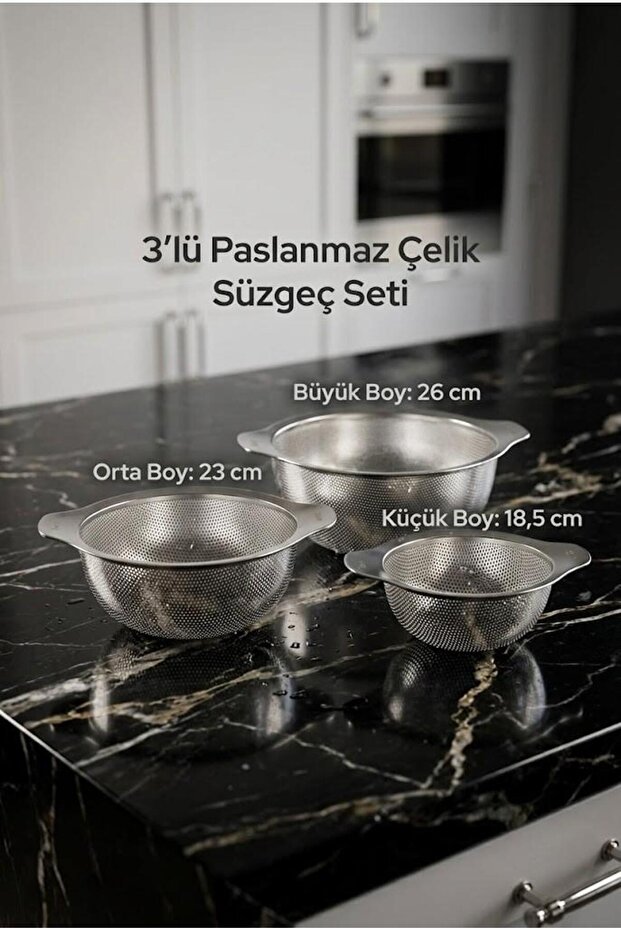 3-Piece Stainless Steel Strainer Set 18,5-23-26 cm - Metal Pasta, Rice, and Vegetable Washing Strainer with Handle