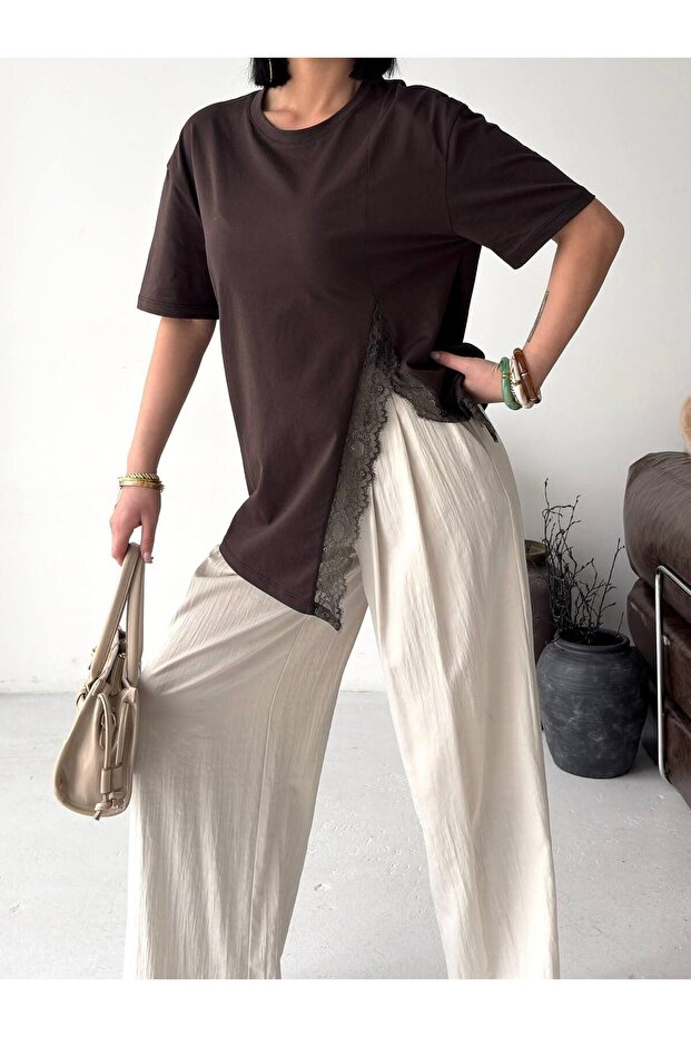 Women's Bitter Brown Asymmetrical Cut Lace T-Shirt Get26305