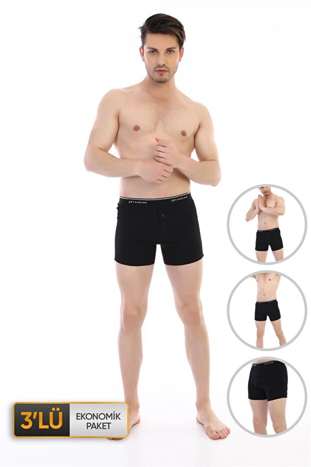Men's Elastic Ribbed Black Boxer Shorts 0880 Economical Pack of 3