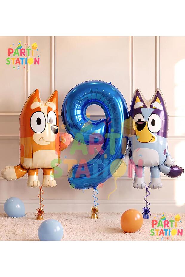 Bluey and Chilli Themed 9-Year-Old Foil Balloon Set – 3 Bluey Balloons, Bing Balloon, and Navy Blue Number Balloon
