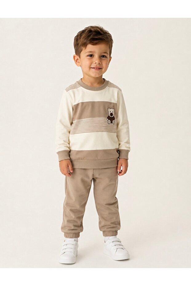 Boy's Teddy Bear Printed Striped Seasonal Sweatshirt Tracksuit Set 2-5 Years