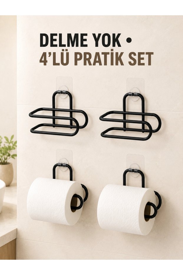 Krm Black 4 Pieces Metal Toilet Paper Holder Self-Adhesive Mounting Without Drilling Bathroom Hanger Krm