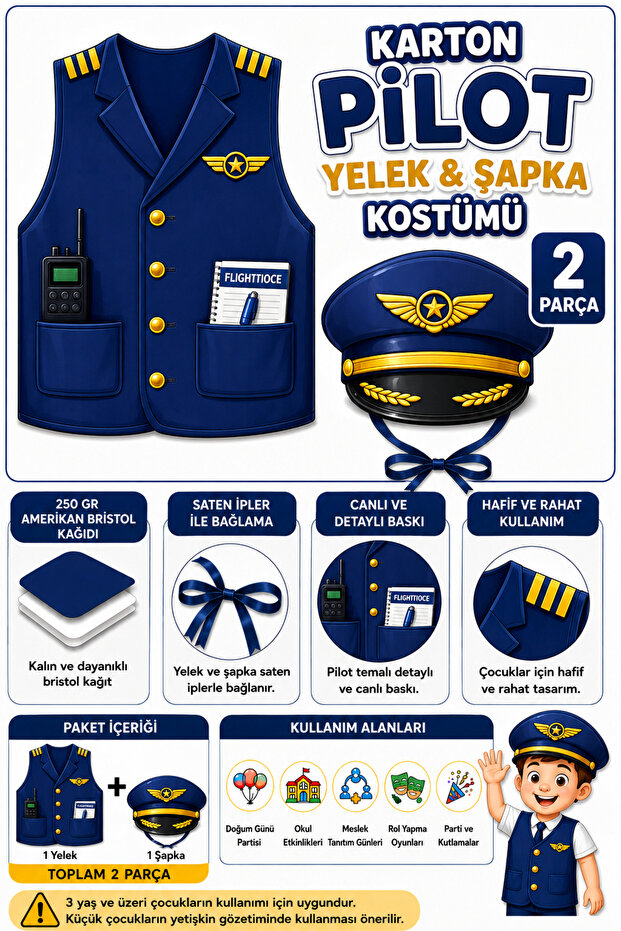 Kids Pilot Costume Vest and Hat 2 Piece Thick Paper Occupation Costume School Activity