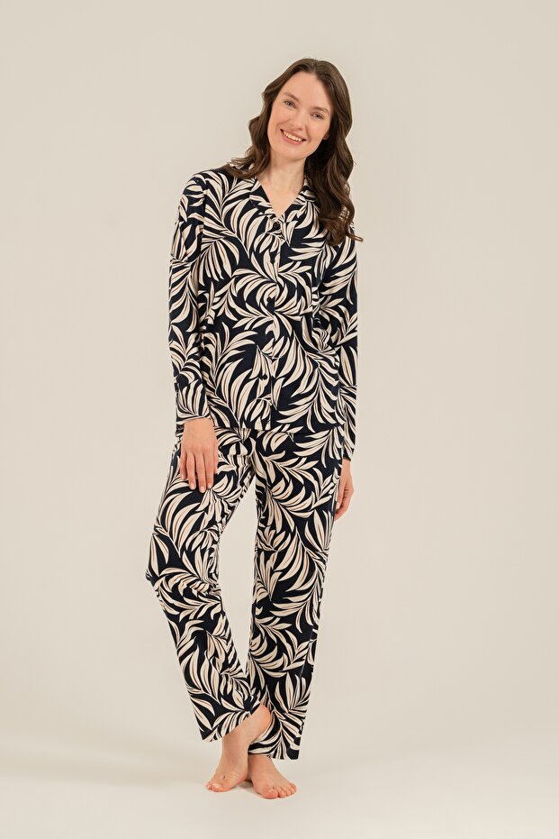 Women'S, Long Sleeve, Leaf Patterned, Shirt Pajama Set (with Socks as a Gift)