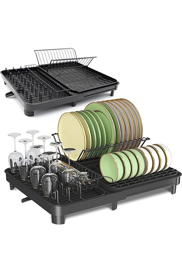 Dish Drying Rack, Carbon Steel Large Capacity Dish Drainer with Drainboard, Adjustable Spout Dish Strainers, Utensil Holder and Cup Holder for Kitchen Counter, Black