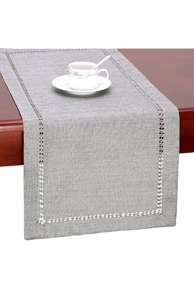 Grelucgo (14 x 90) - Handmade Hemstitch Grey Dining Table Runner Or Dresser Scarf, Rectangular 36cm by 230cm