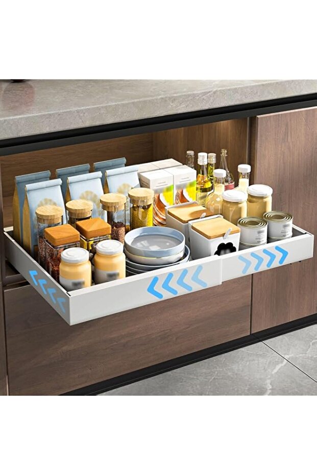 OUUTMEE Pull Out Cabinet Organizer, Expandable Heavy Duty Slide Out Drawer Organizer, Roll out Shelf Storage for Kitchen Base Cabinet Organization, Pantry (White, 42cmDeepx(32-52cm) Width, 1PCS)