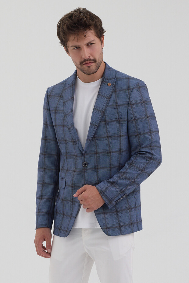 Erode Men's Dark Blue Polyviscon Fabric Slim Fit Pointed Collar Sports Blazer Jacket